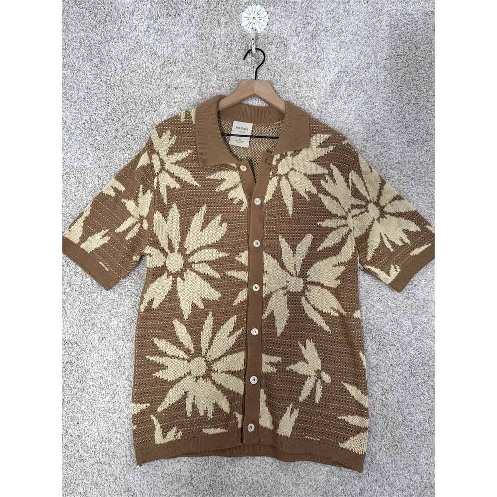 Massive Luxury Mens Knit Polo Cardigan Shirt Brown Cream Leaf Med Resort Artsy